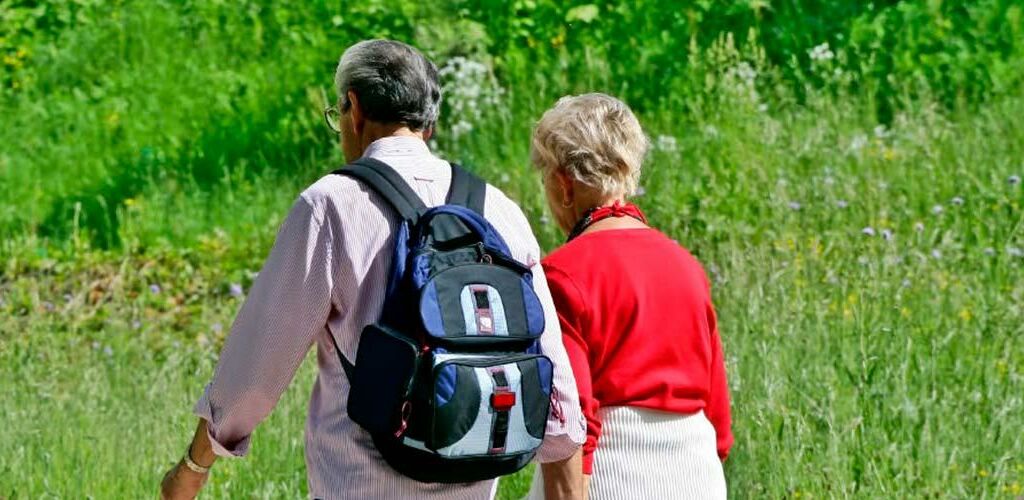 Two people taking a hike